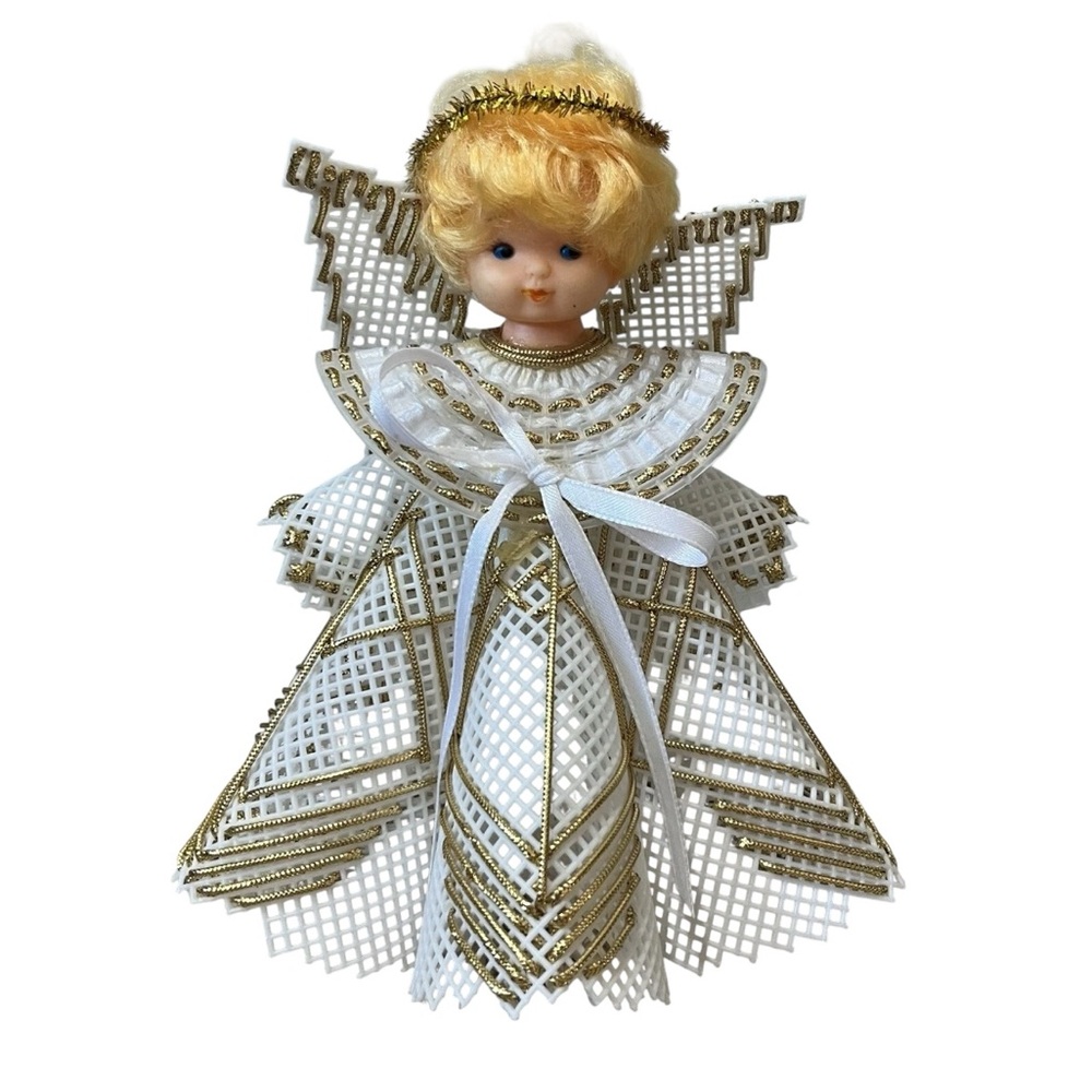 Vintage Angel Christmas Tree Topper White Gold Embelishments 8.5” Tall MCM blond